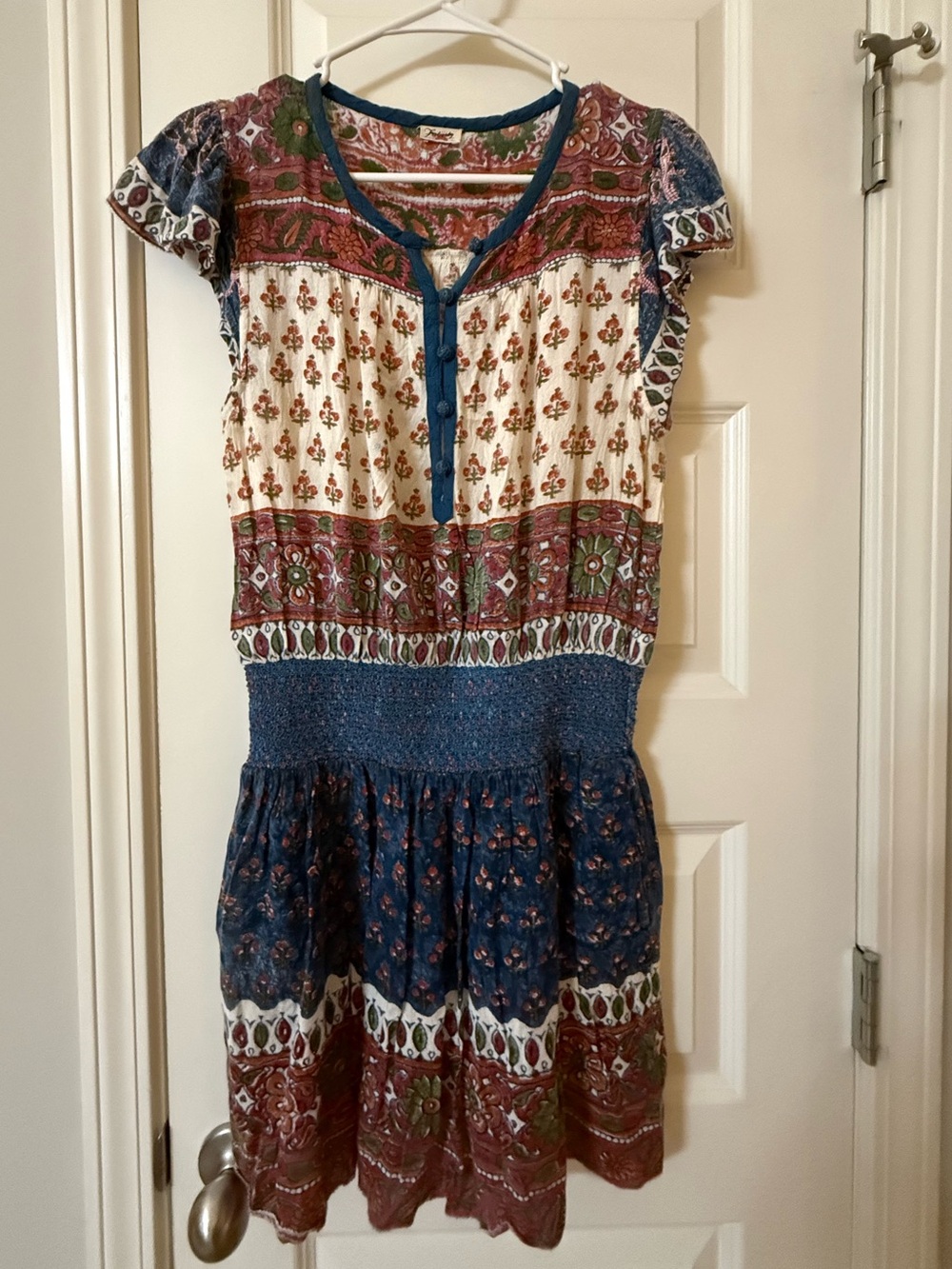 Faherty Bemini Boho Floral Mini Dress Smocked Drop Waist Flutter Sleeve Medium